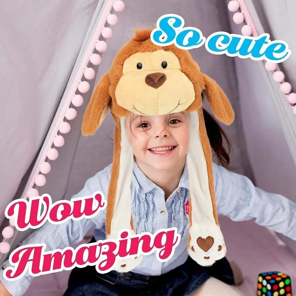 Kids Monkey Animal Hat with Ears Moving Jumping Pop Up Beating Plush Holiday